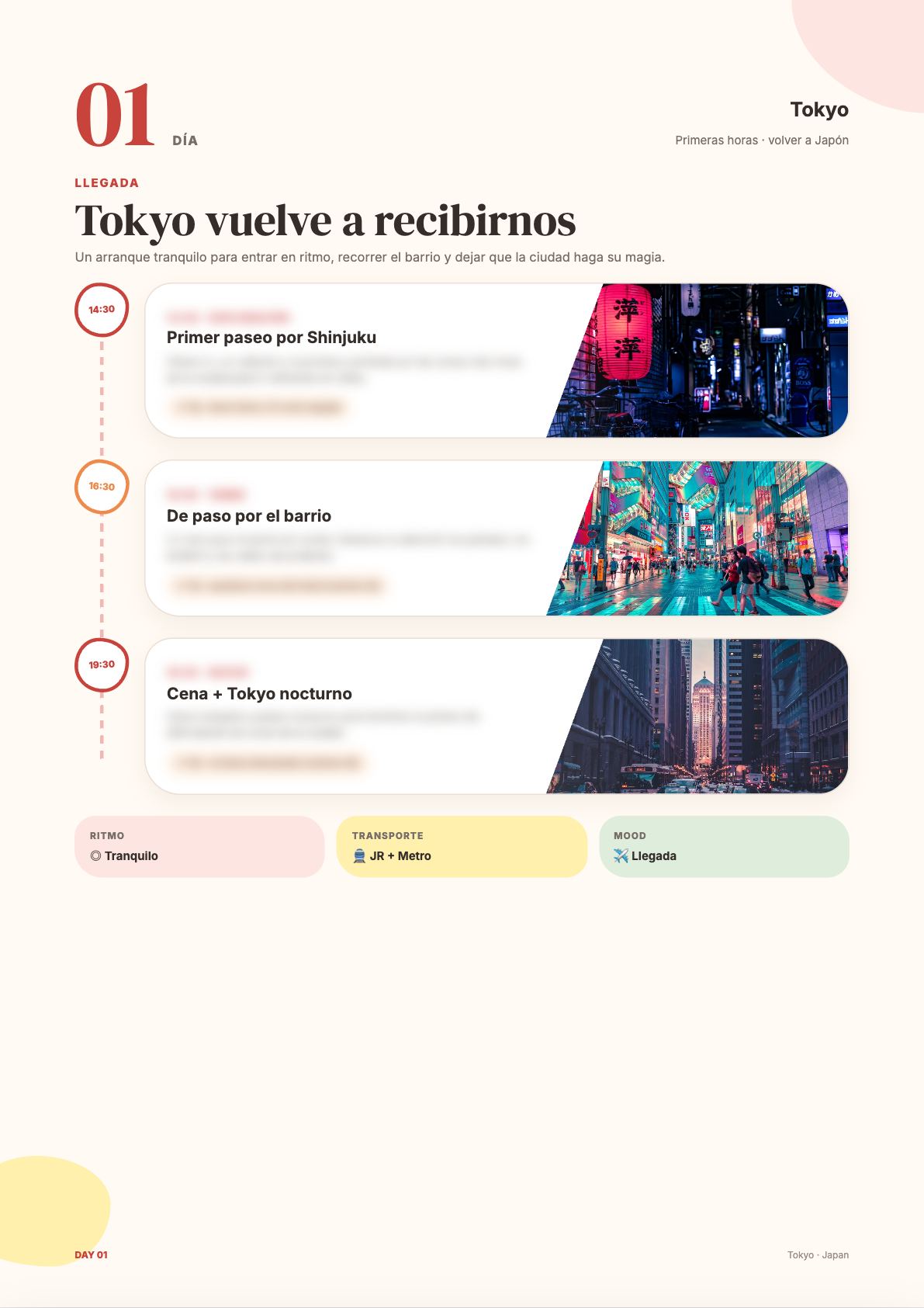 Página de ejemplo de un día del itinerario; el texto de las actividades está desenfocado a propósito